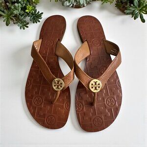 TORY BURCH Tan Gold Leather Strap Flip Flop Sandals Size 8